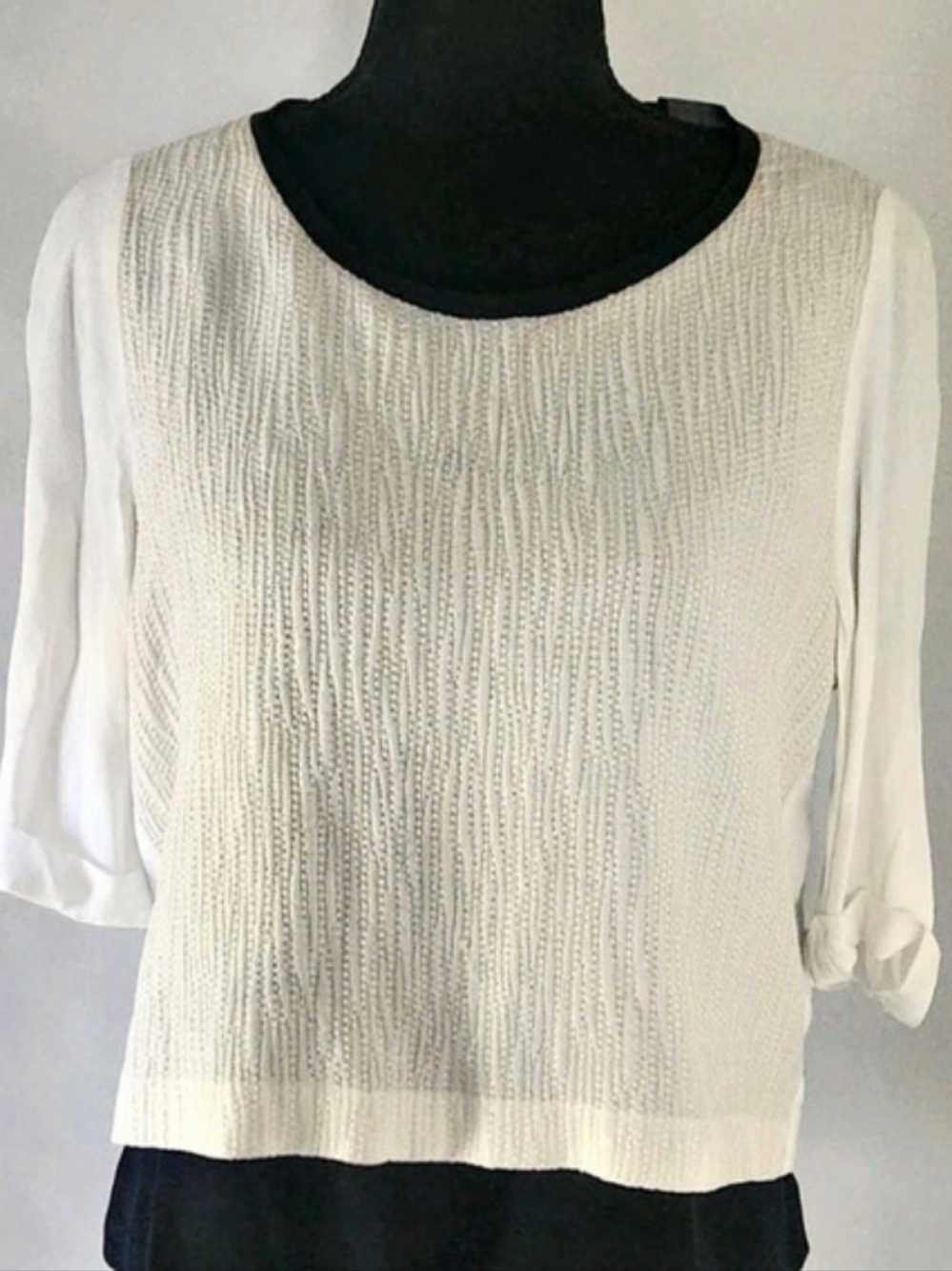 MAJE Silk Textured Ivory Black 3/4 Sleeve Slit Back Blouse